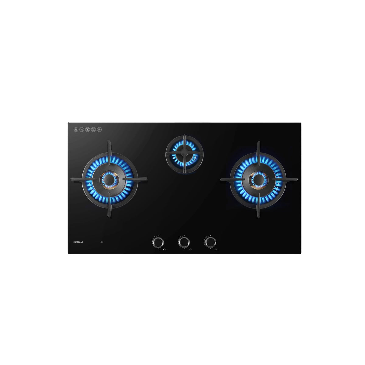 Top view of ROBAM BrassPro ZB91H72 black glass gas cooktop with all three burners lit with blue flames