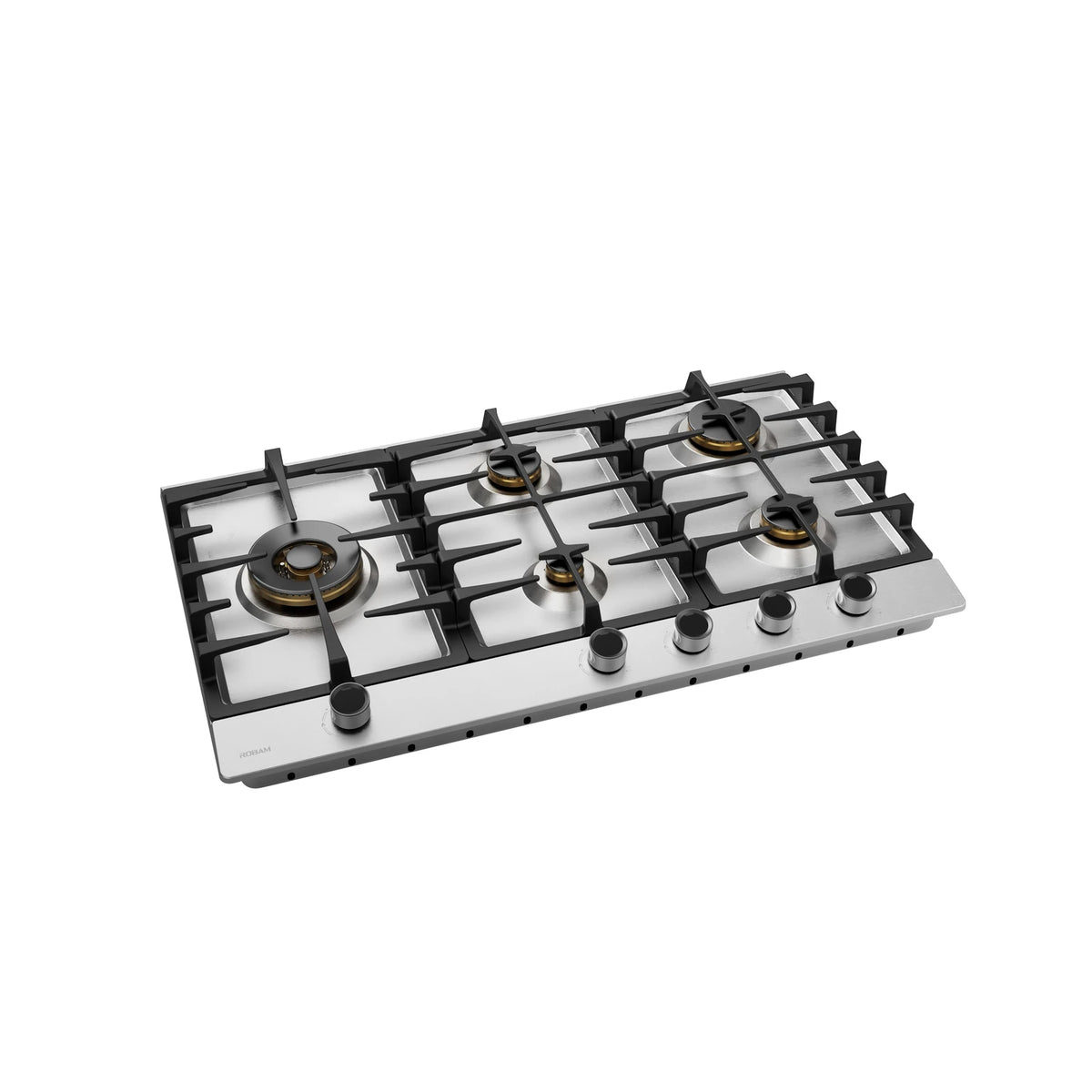 ROBAM BrassPro ZG81H61 stainless steel 5 burner gas cooktop, angled view showing brass burners, pan supports and control knobs