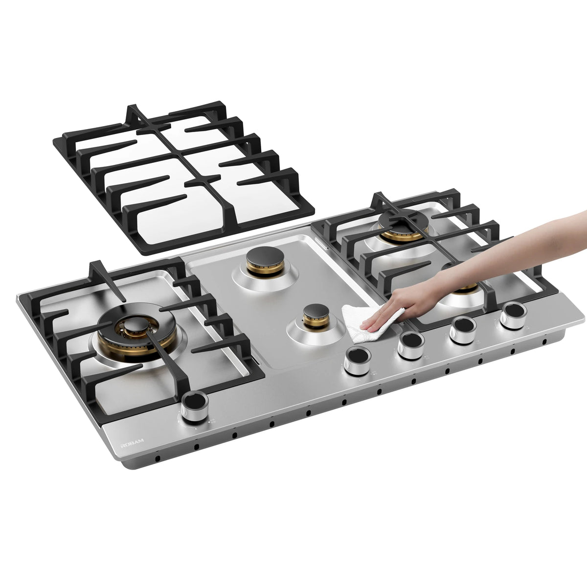 Hand wiping the stainless steel surface of the ROBAM BrassPro ZG81H61 gas cooktop with a cloth