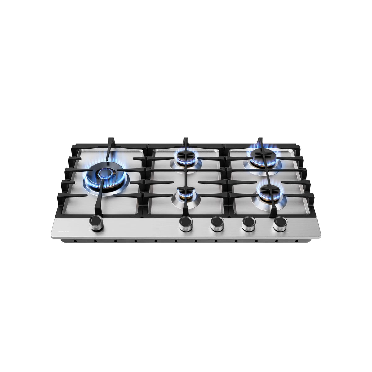 ROBAM BrassPro ZG81H61 stainless steel gas cooktop, front view with blue flames on five burners