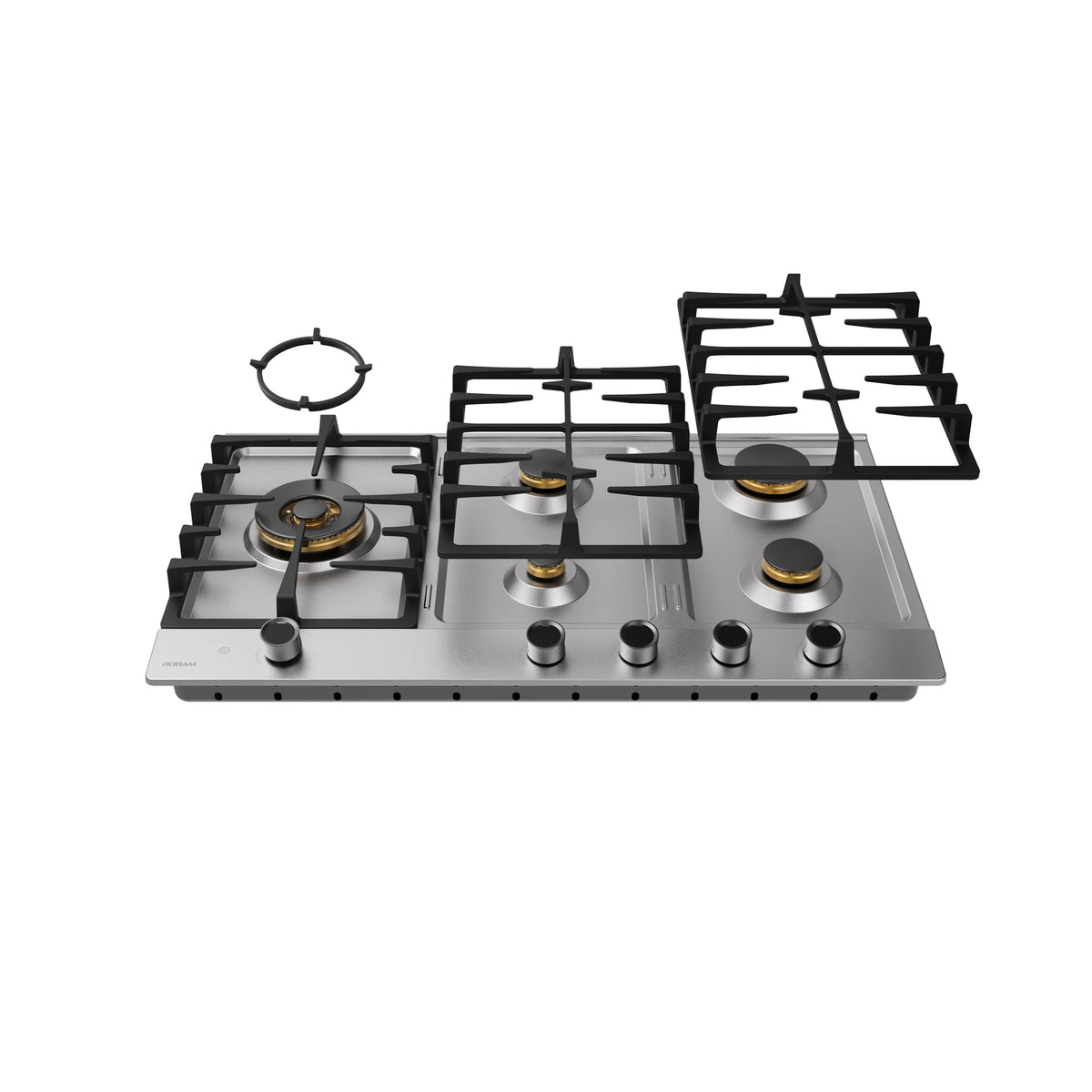 ROBAM BrassPro ZG81H61 gas cooktop with removable cast iron pan supports and wok ring lifted off the burners