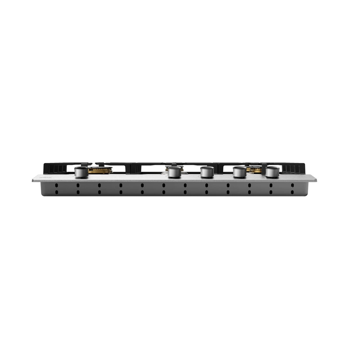 Side view of ROBAM BrassPro ZG81H61 stainless steel gas cooktop showing control knobs, brass burners and ventilated lower body