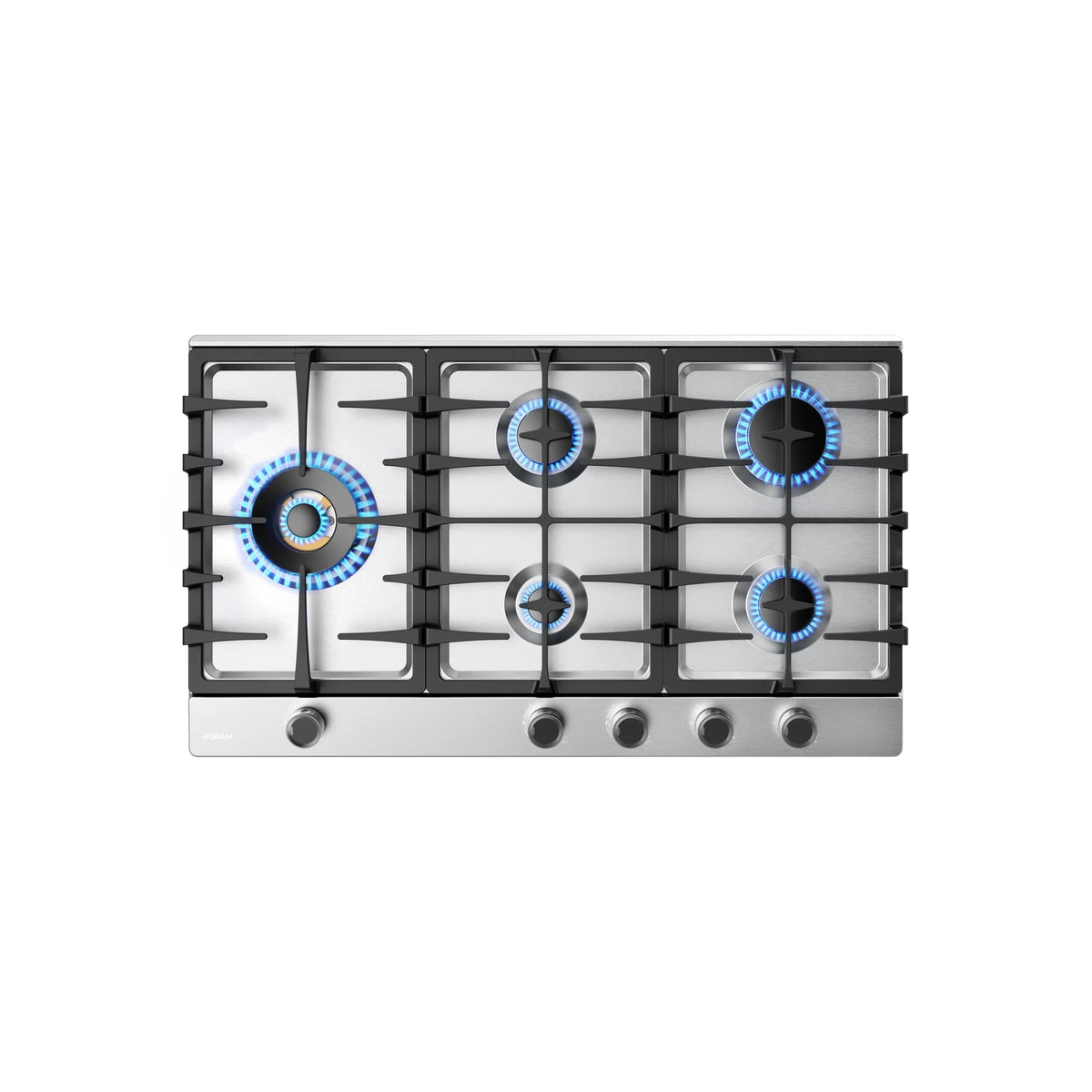 Top view of ROBAM BrassPro ZG81H61 stainless steel gas cooktop with all five burners lit with blue flames