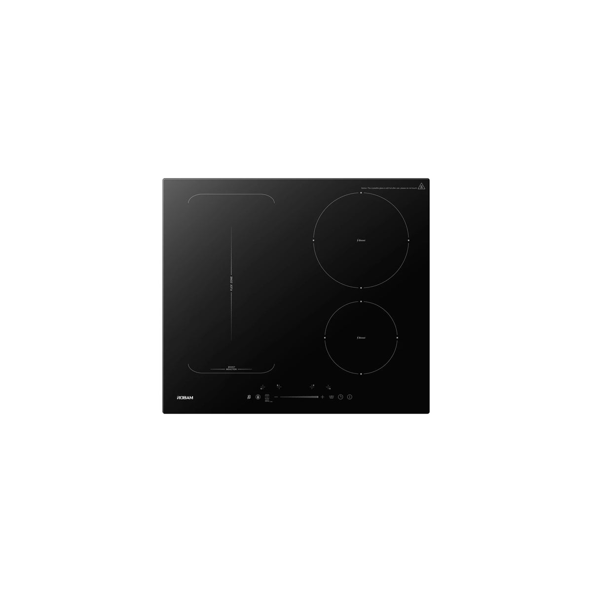 ROBAM 9W6H40 black glass induction cooktop with flex zone and two round boost cooking zones, top view