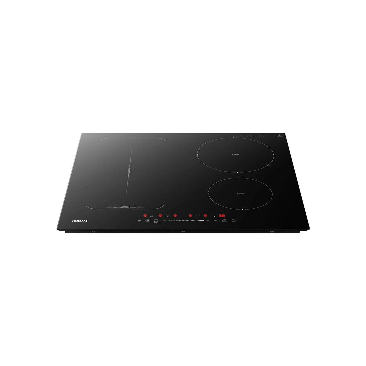 ROBAM 9W6H40 induction cooktop, front angled view with red LED power level display and touch slider lit