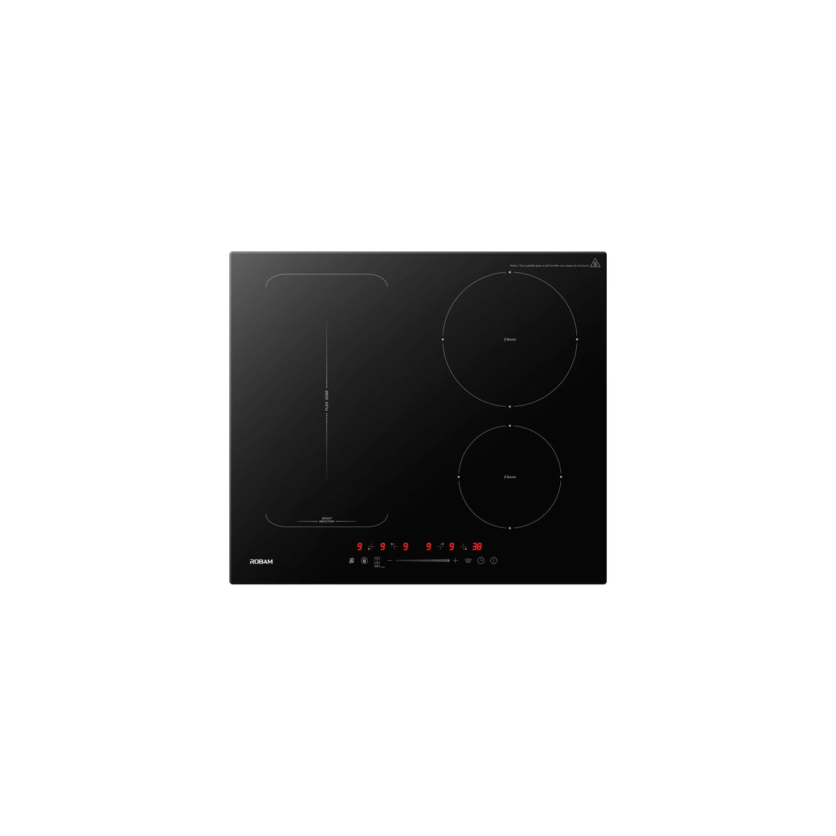 Top view of ROBAM 9W6H40 induction cooktop with red LED power level display and touch controls lit