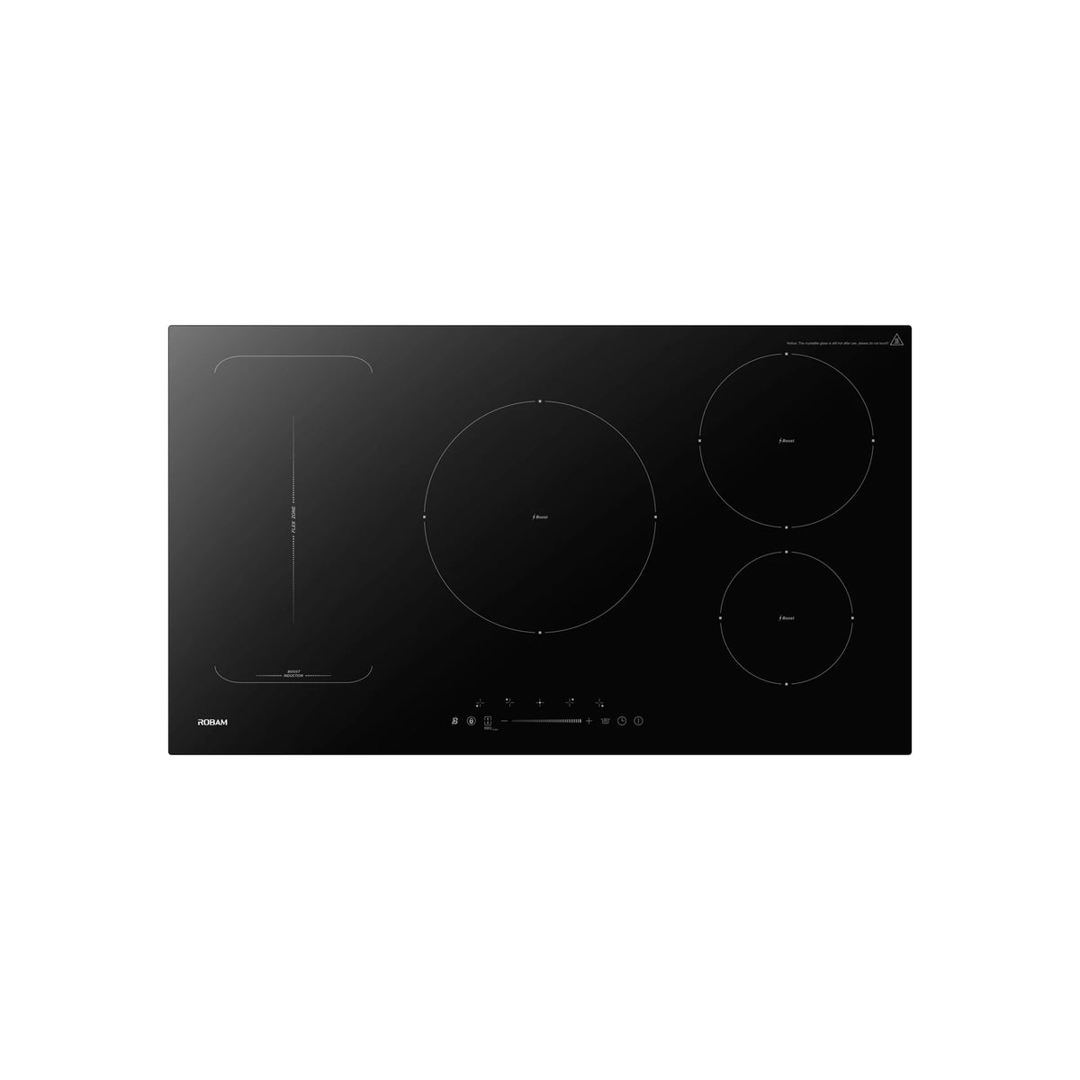 ROBAM 9W9H50 black glass induction cooktop with flex zone and three round boost cooking zones, top view