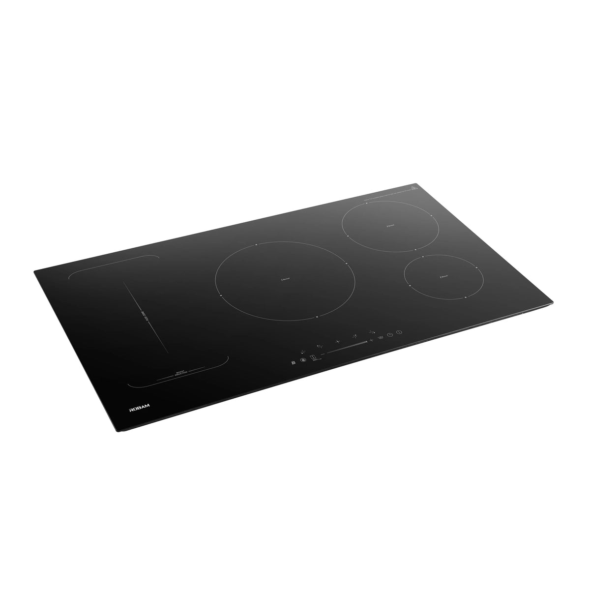 ROBAM 9W9H50 black glass induction cooktop, angled view showing flex zone and touch control strip