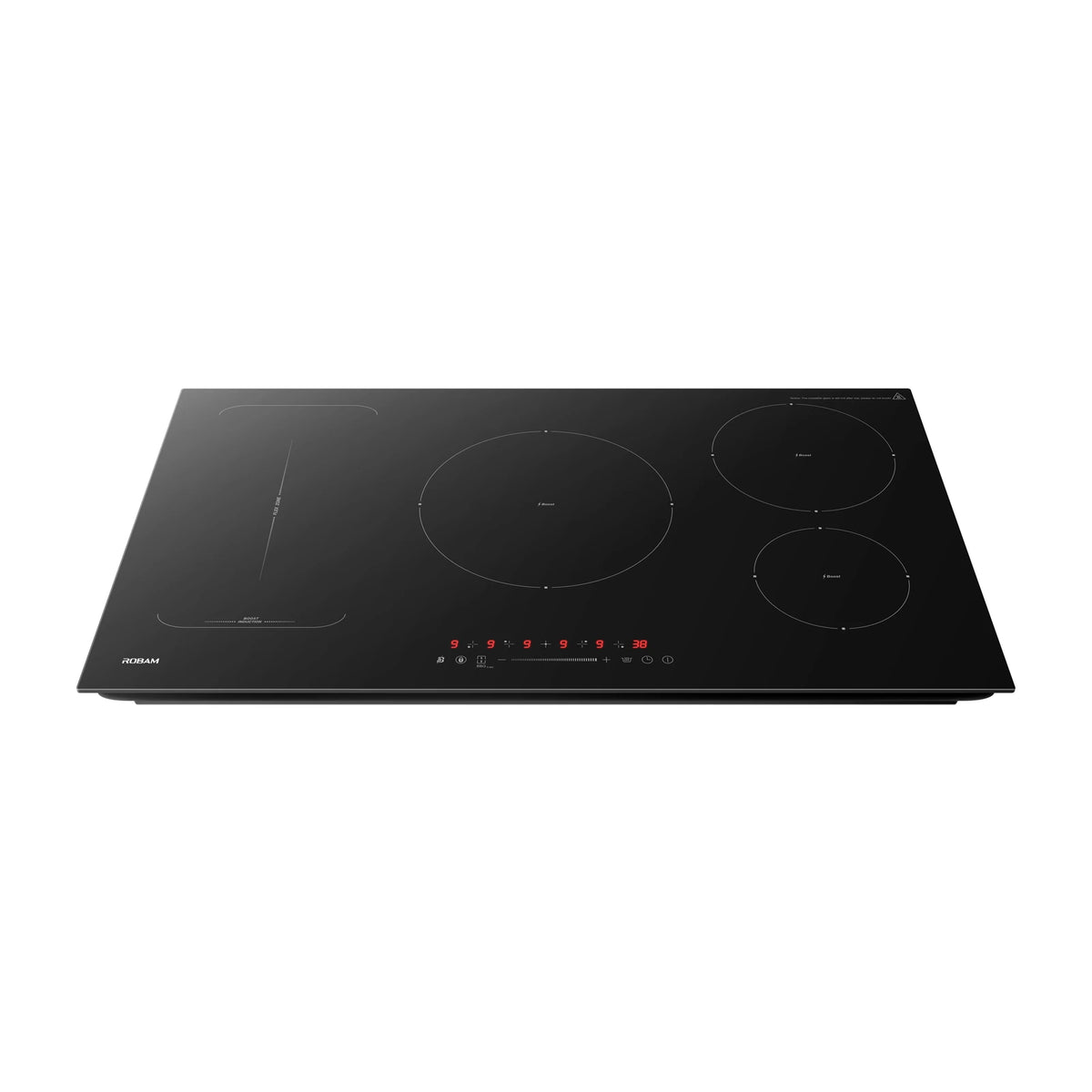 ROBAM 9W9H50 induction cooktop, front angled view with red LED power level display and touch slider lit