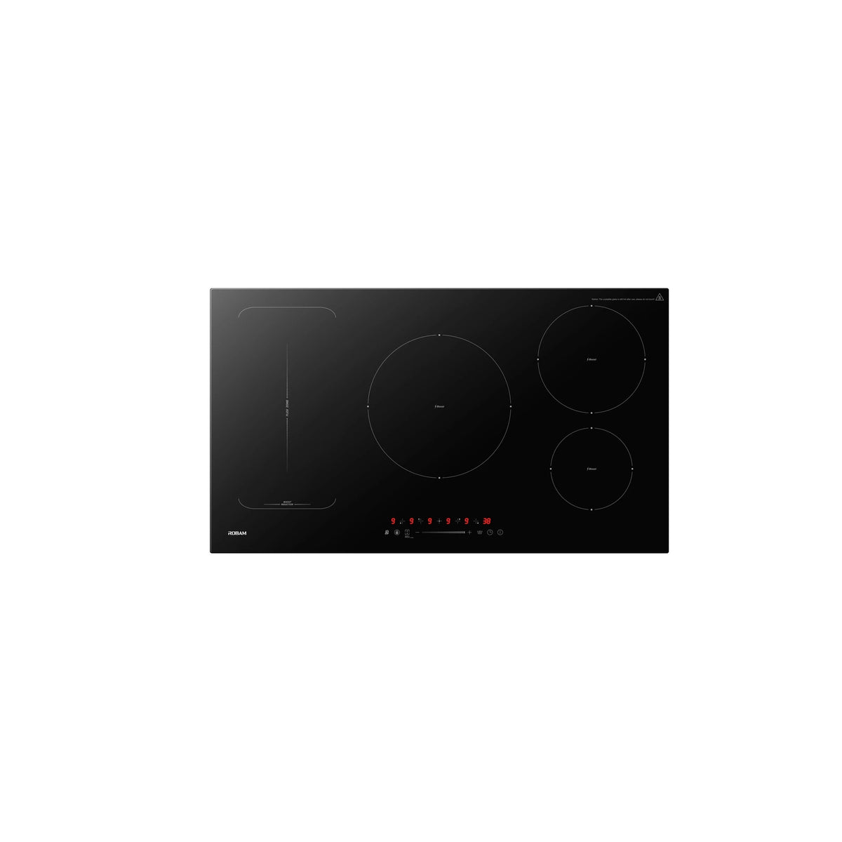 Top view of ROBAM 9W9H50 induction cooktop with red LED power level display and touch controls lit