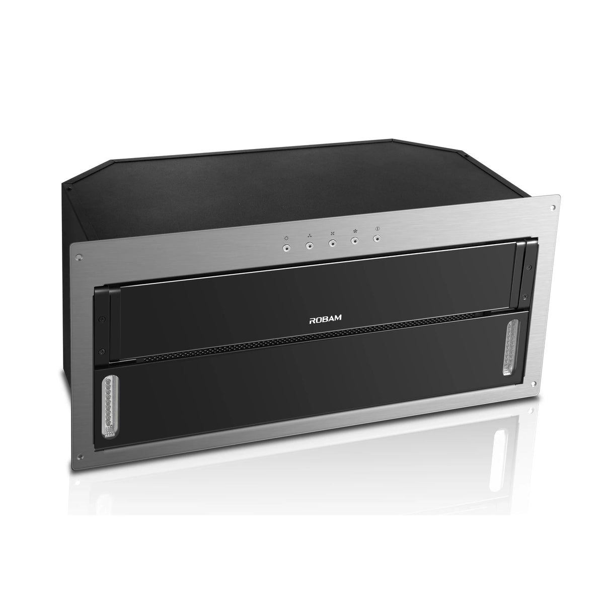 ROBAM A520 built-in rangehood, angled front view with LED lights