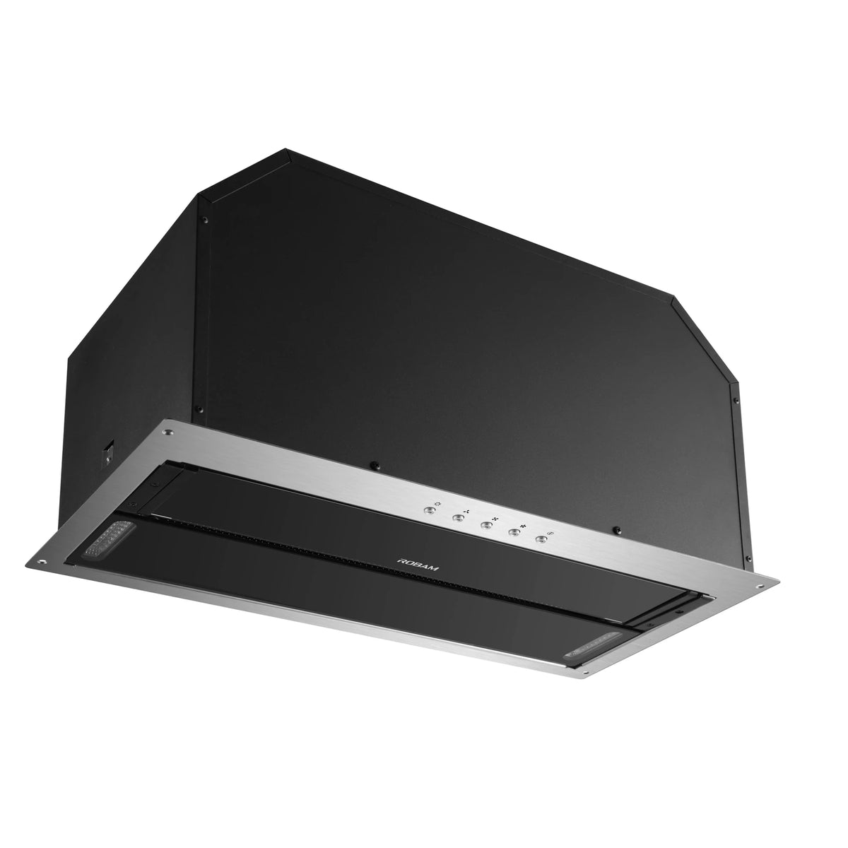 Angled underside of ROBAM A520 built-in rangehood showing black housing and push buttons