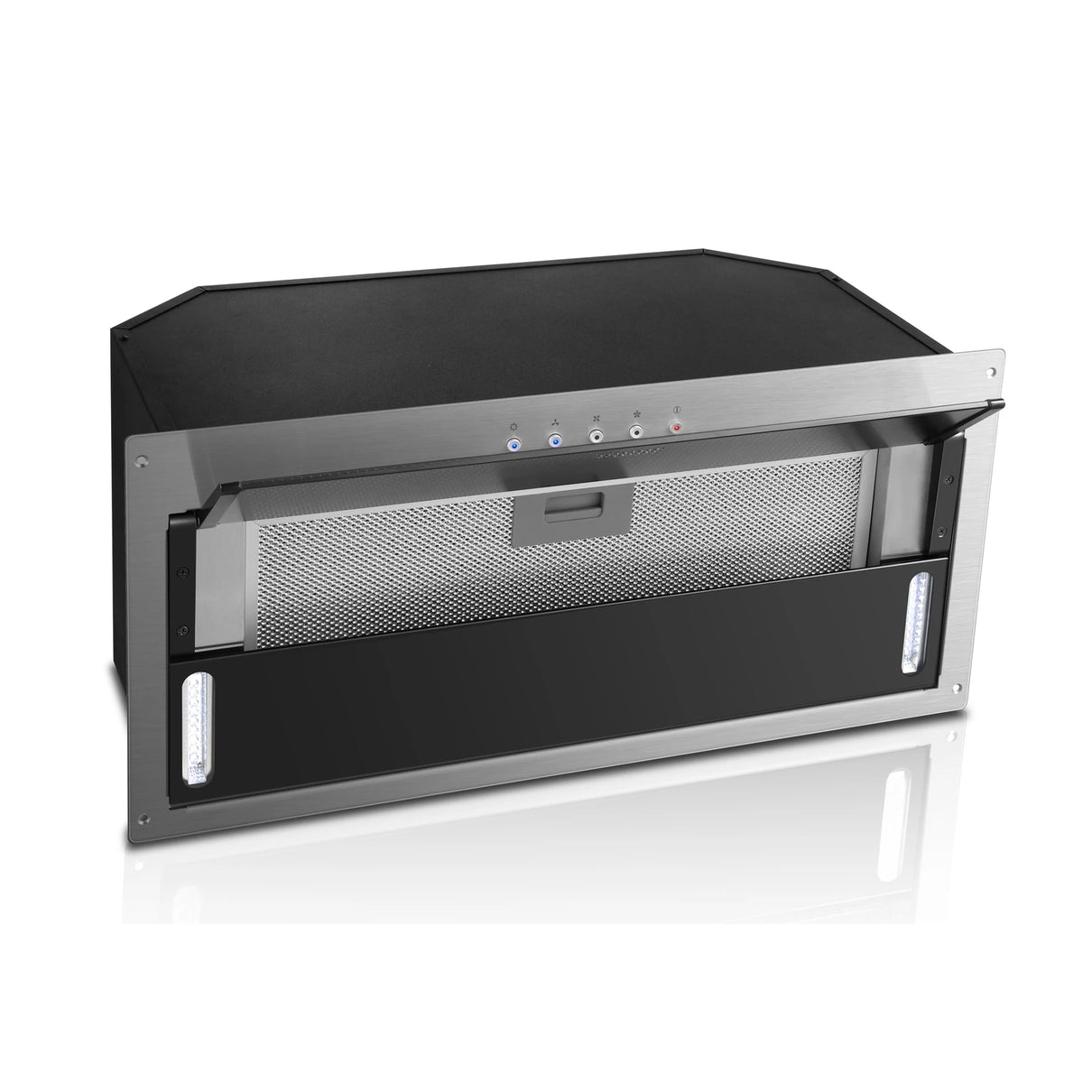 ROBAM A520 built-in rangehood with front panel open showing mesh grease filter
