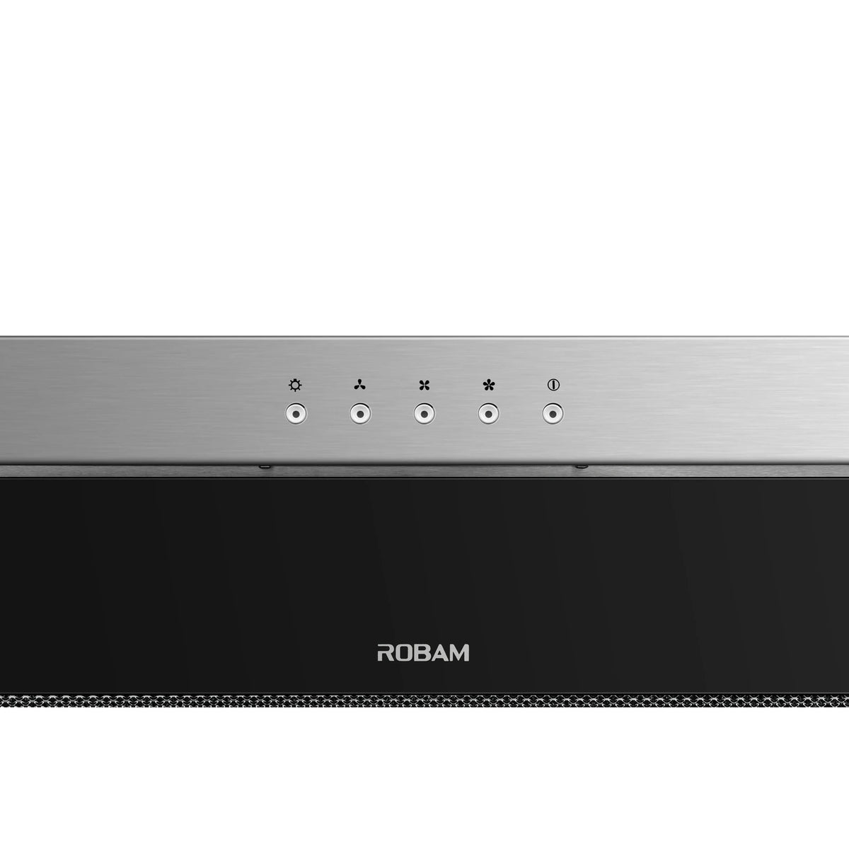Close-up of ROBAM A520 push-button controls for light and fan speed