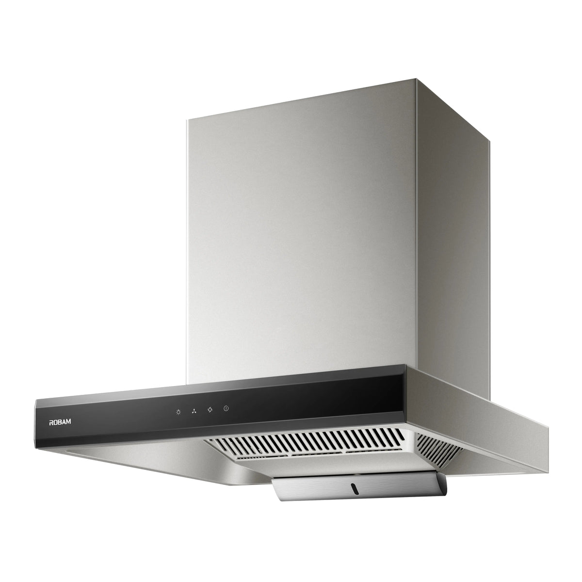 Angled underside of ROBAM CleanAir 1.0 A8300 rangehood showing filter grille and oil tray