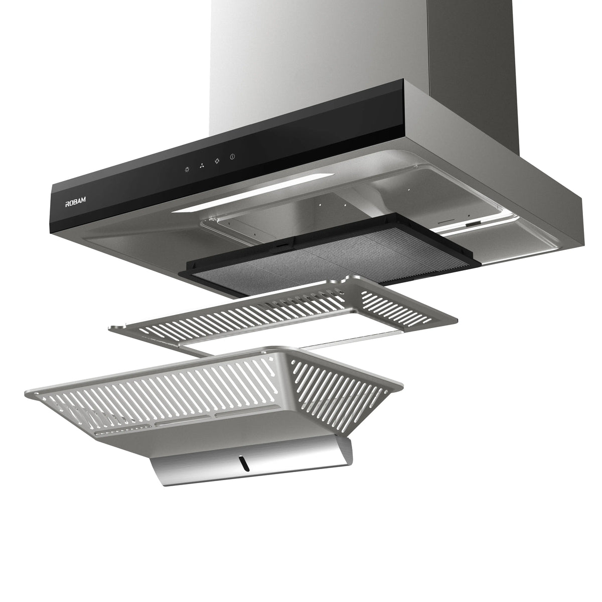 Exploded view of ROBAM CleanAir 1.0 A8300 showing grease filter, grille and removable oil tray