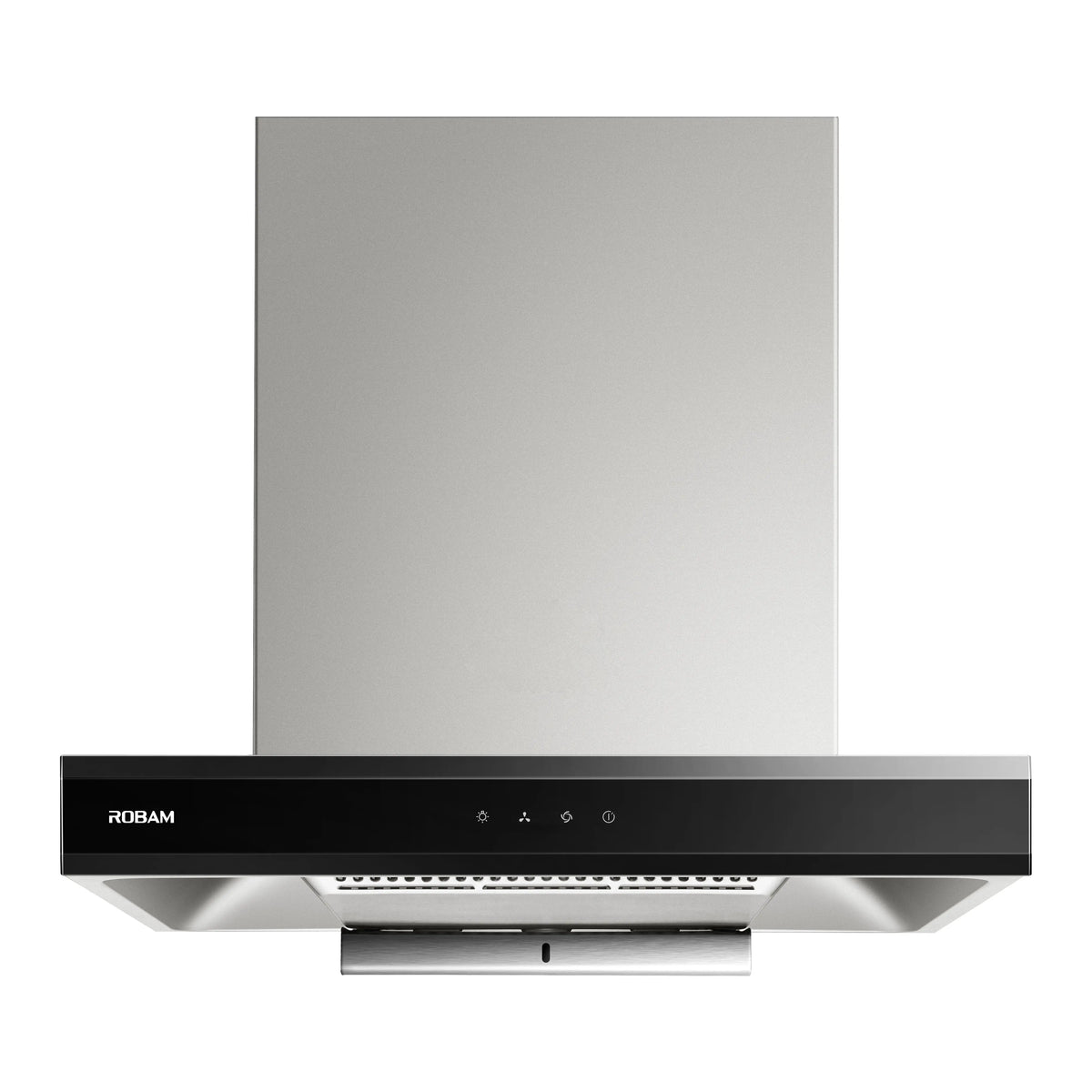 ROBAM CleanAir 1.0 A8300 rangehood front view showing stainless steel grease filter grille and oil tray