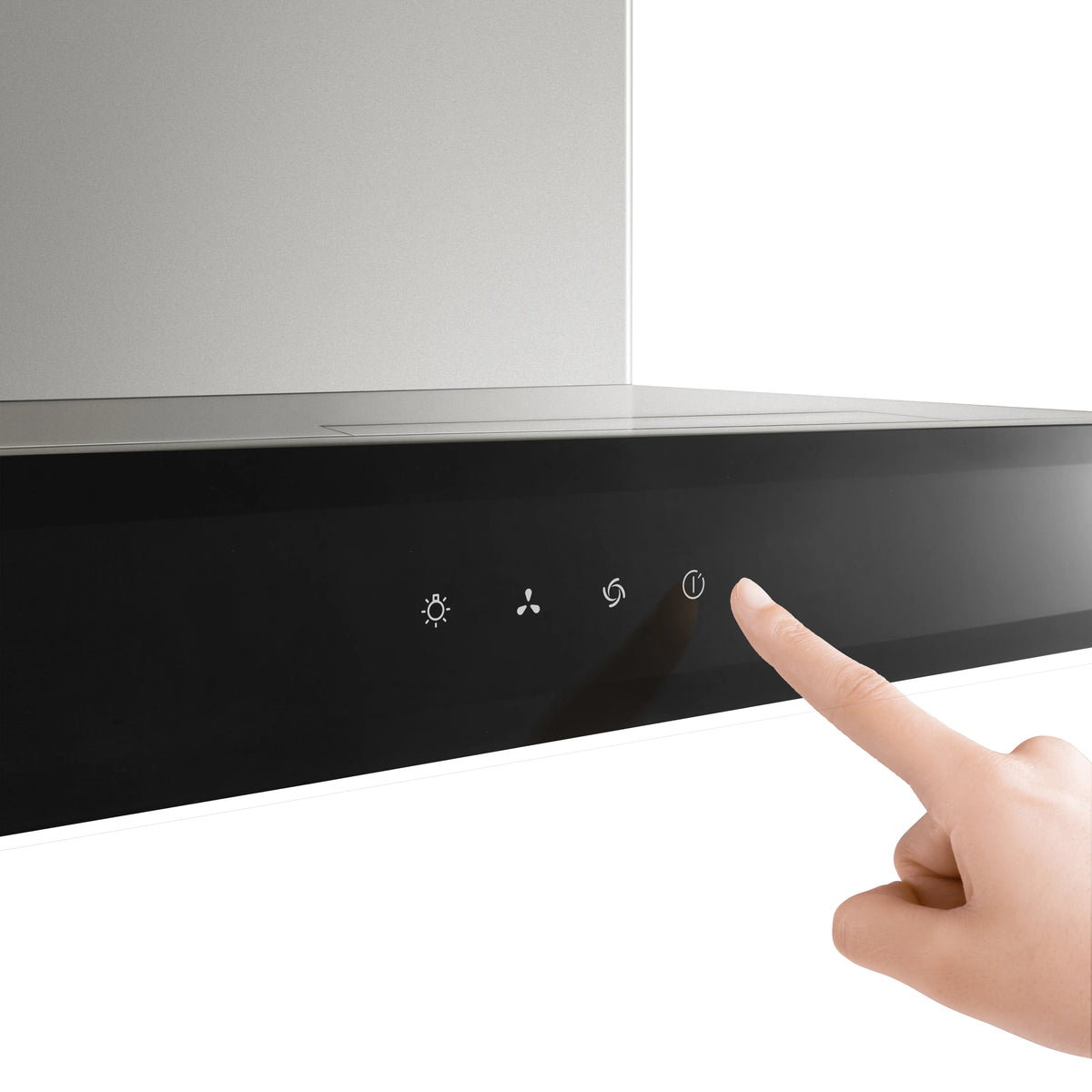 Finger touching the ROBAM CleanAir 1.0 A8300 glass touch controls for light, fan speed and timer