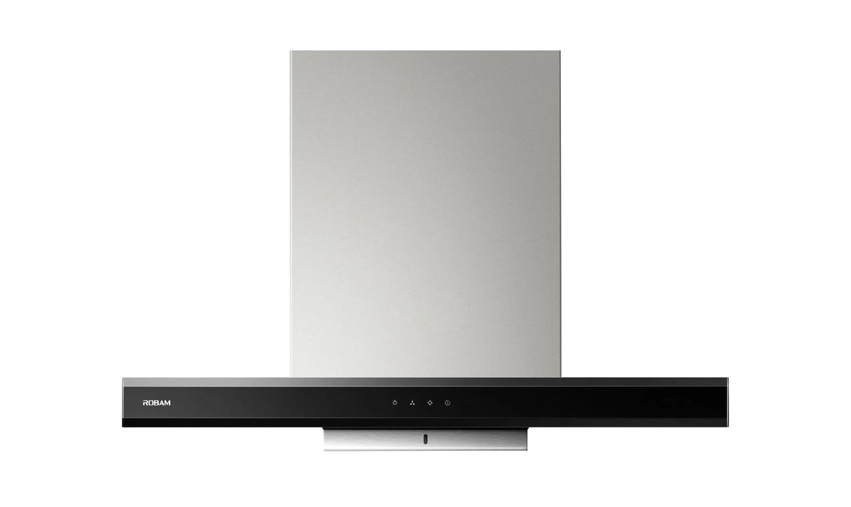 ROBAM CleanAir 1.0 A8320 stainless steel T-shaped rangehood with black glass touch controls, front view