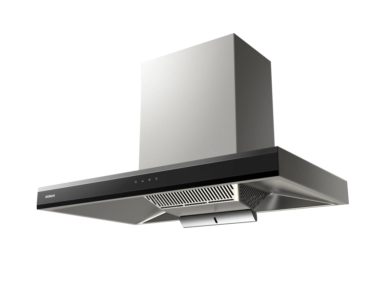 Angled underside of ROBAM CleanAir 1.0 A8320 rangehood showing filter grille and oil tray