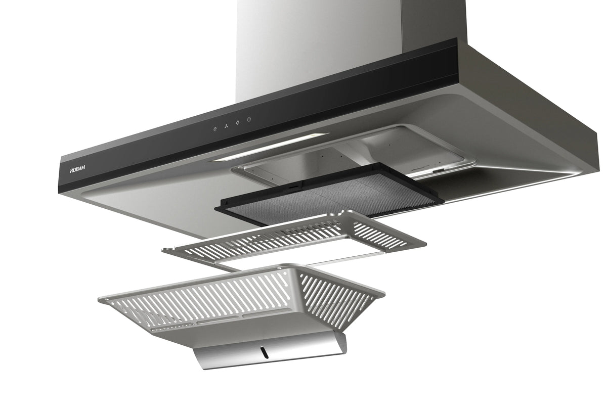 Exploded view of ROBAM CleanAir 1.0 A8320 showing grease filter, grille and removable oil tray