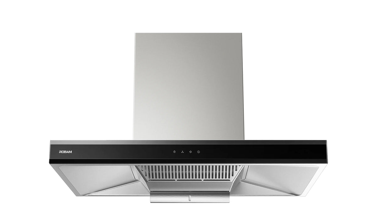 ROBAM CleanAir 1.0 A8320 rangehood front view showing stainless steel grease filter grille and oil tray