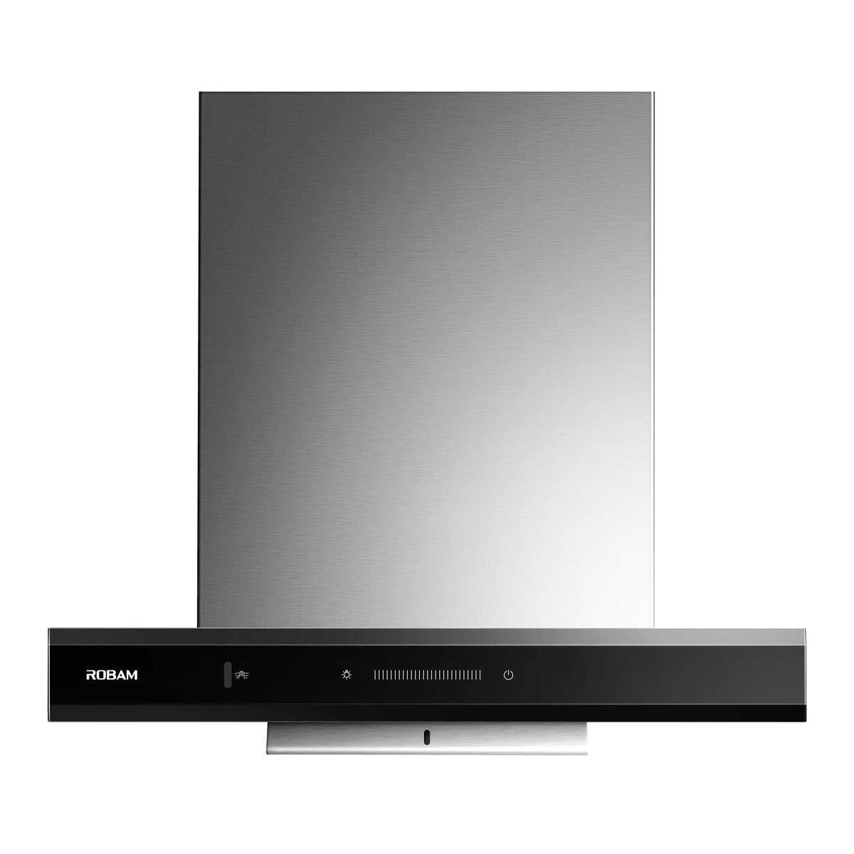 ROBAM CleanAir 2.0 A8303 stainless steel T-shaped rangehood with black glass touch controls, front view