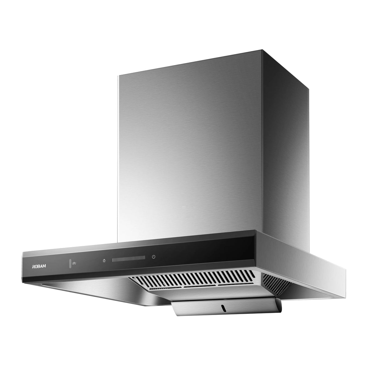 Angled underside of ROBAM CleanAir 2.0 A8303 rangehood showing filter grille and oil tray