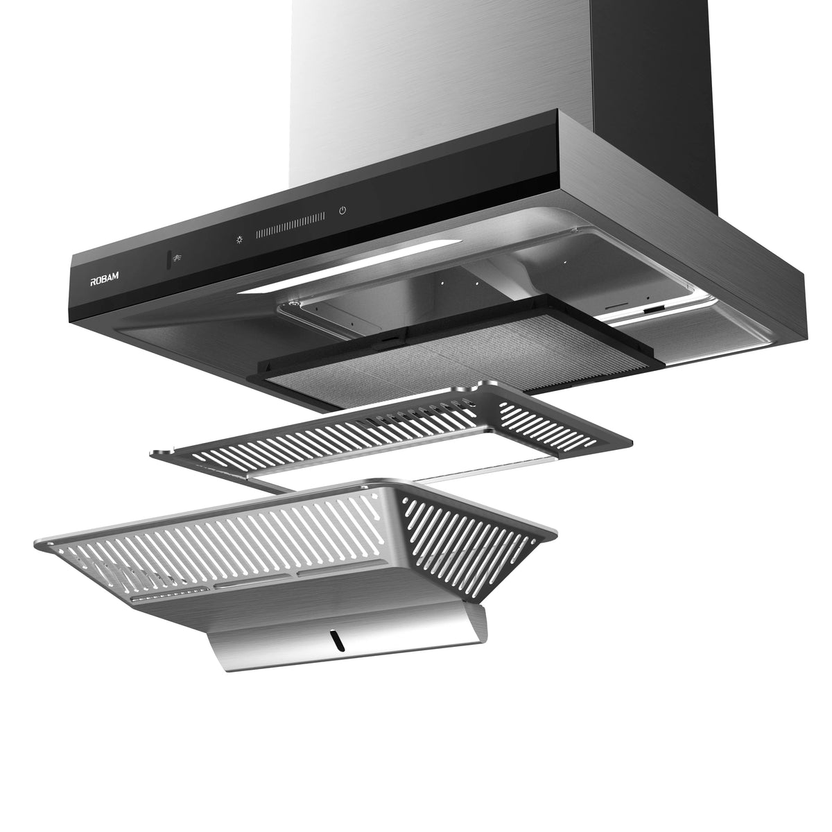 Exploded view of ROBAM CleanAir 2.0 A8303 showing grease filter, grille and removable oil tray