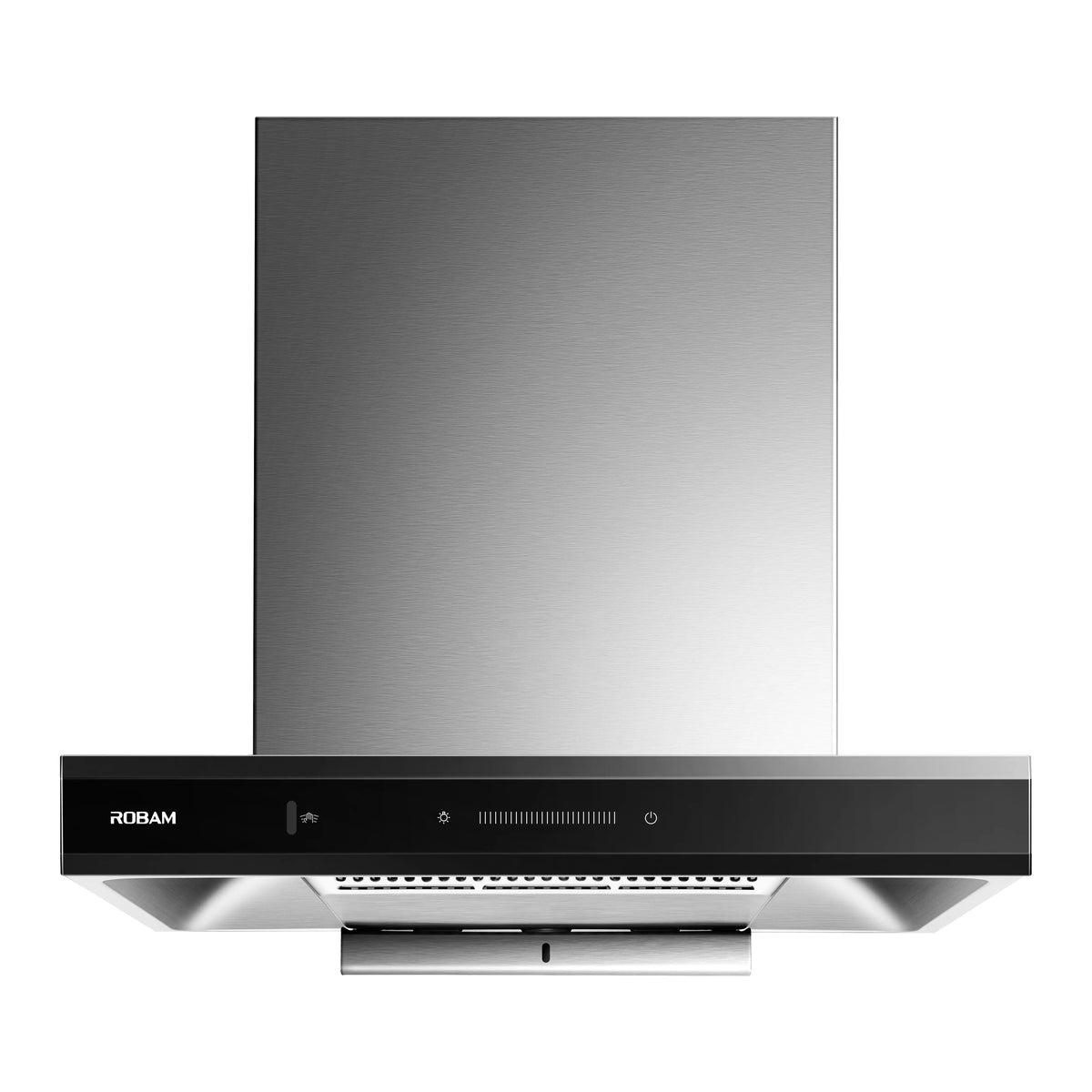 ROBAM CleanAir 2.0 A8303 rangehood front view showing stainless steel grease filter grille and oil tray
