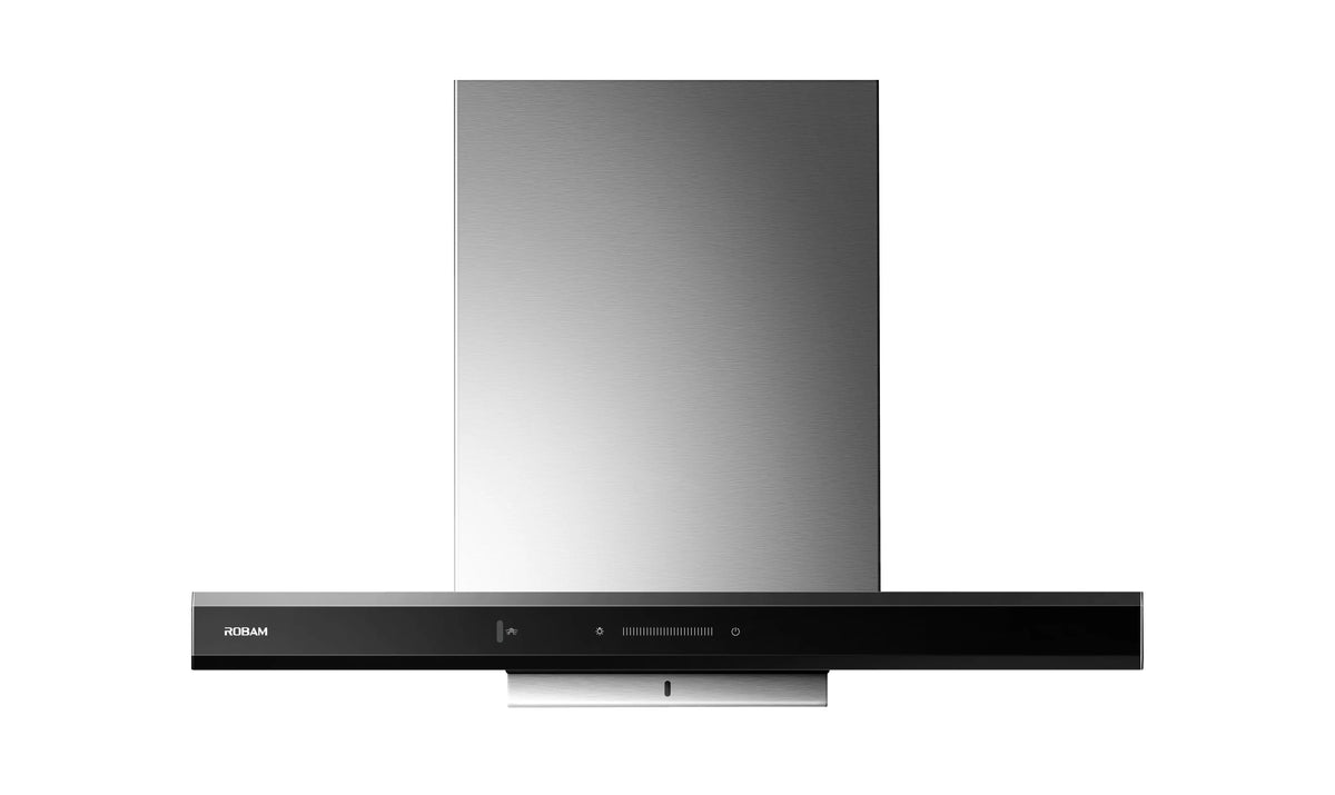 ROBAM CleanAir 2.0 A8323 stainless steel T-shaped rangehood with black glass touch controls, front view