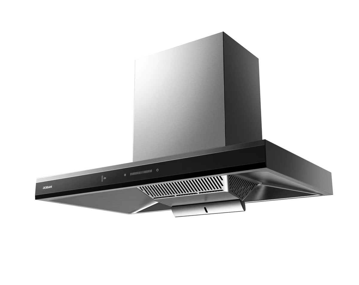 Angled underside of ROBAM CleanAir 2.0 A8323 rangehood showing filter grille and oil tray