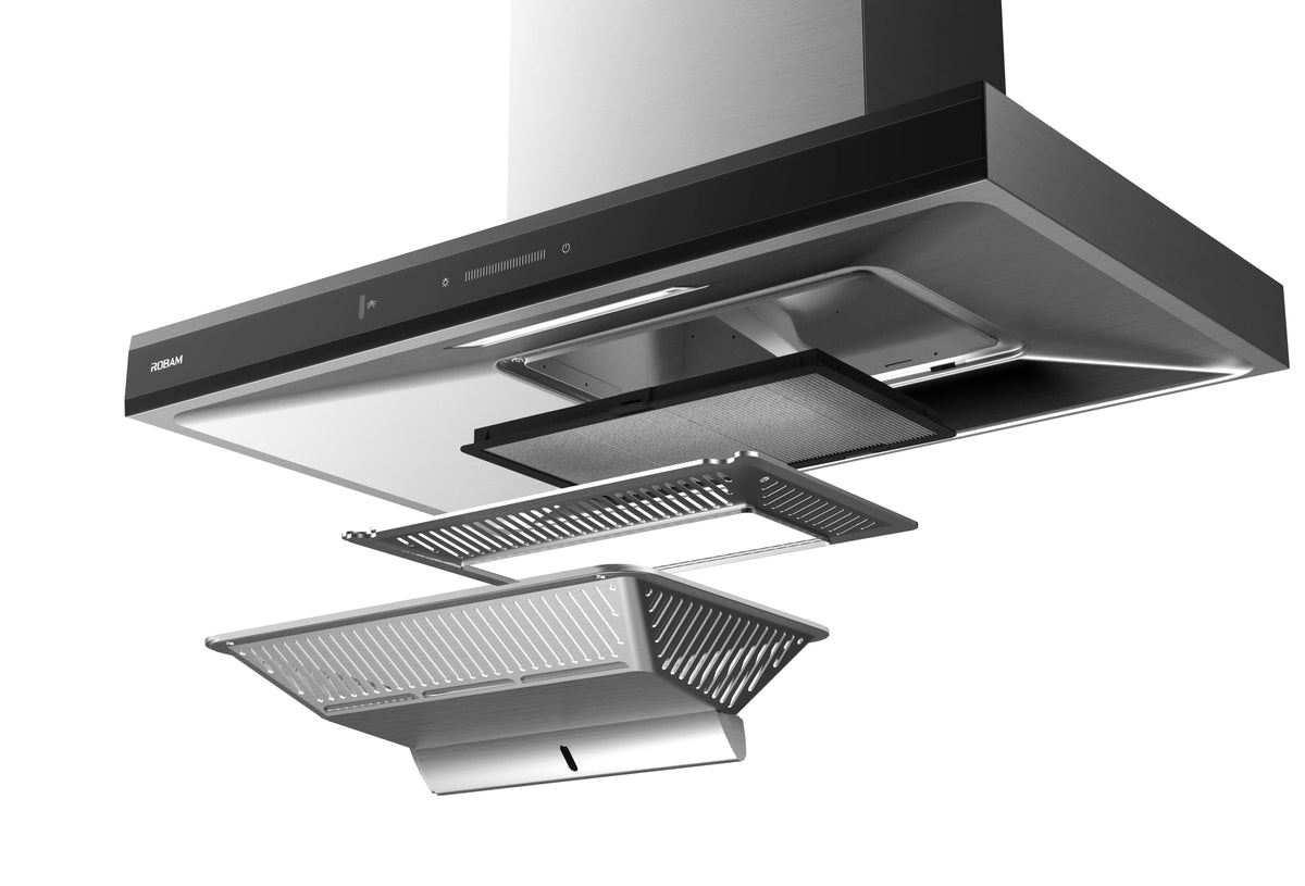 Exploded view of ROBAM CleanAir 2.0 A8323 showing grease filter, grille and removable oil tray