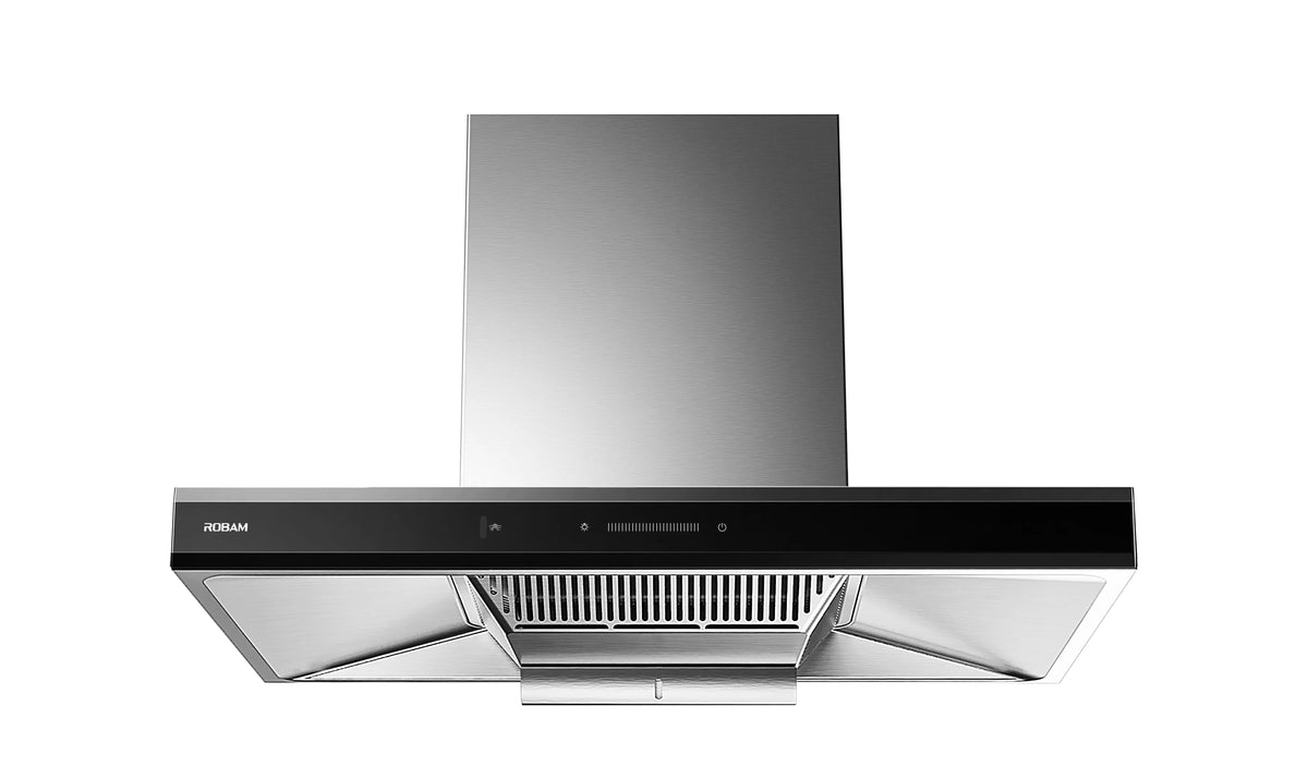 ROBAM CleanAir 2.0 A8323 rangehood front view showing stainless steel grease filter grille and oil tray