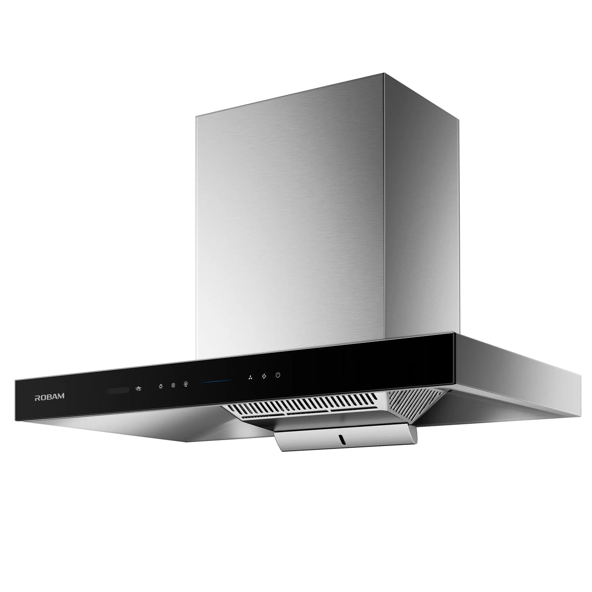Angled underside of ROBAM CleanAir 3.0 87H5S 90cm rangehood showing filter grille and oil tray