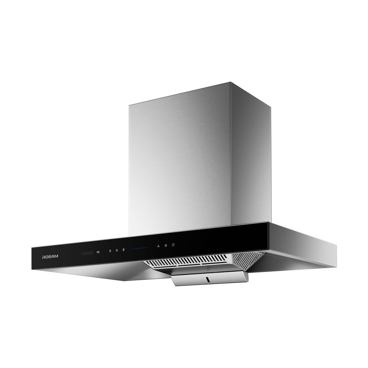 Angled underside of ROBAM CleanAir 3.0 87H5SF 90cm rangehood showing filter grille and oil tray