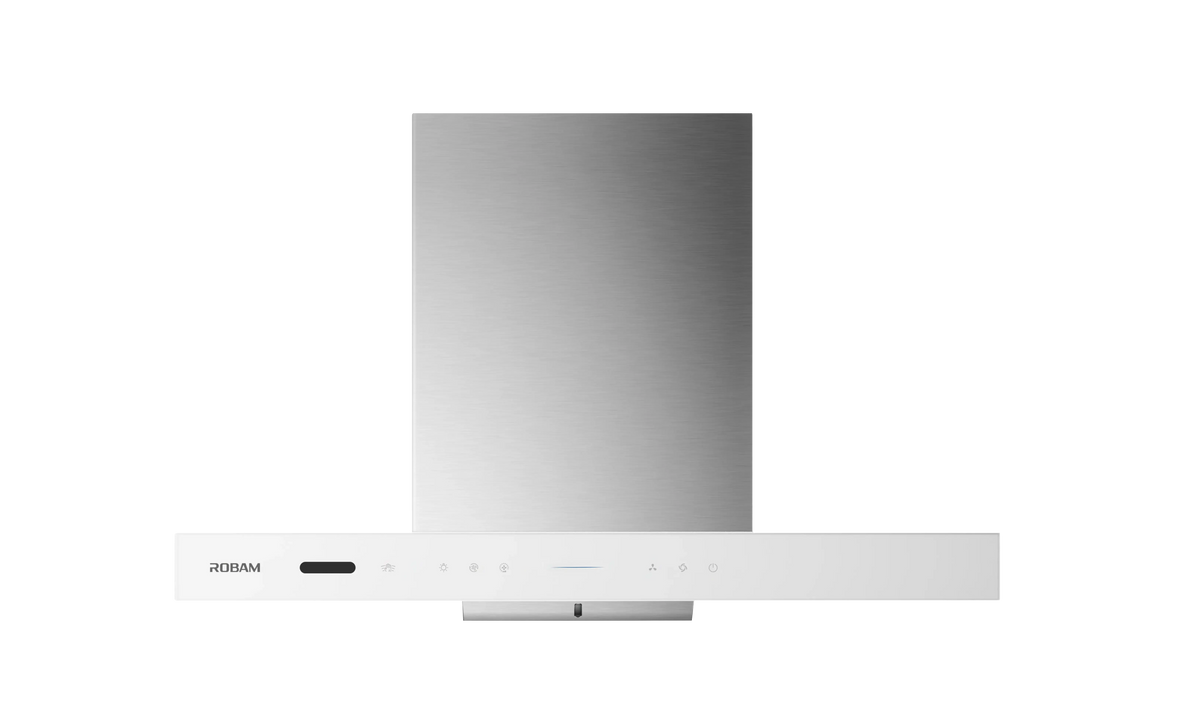 ROBAM CleanAir 3.0 87H5SW 90cm white glass T-shaped rangehood with stainless steel chimney, front view