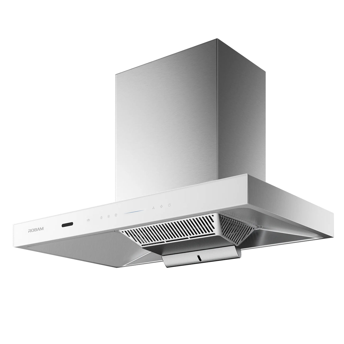Angled underside of ROBAM CleanAir 3.0 87H5SW 90cm white glass rangehood showing canopy interior and filter grille