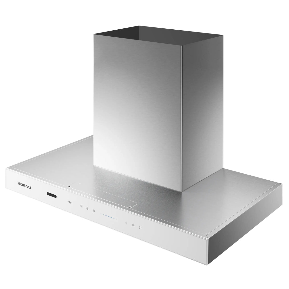 ROBAM CleanAir 3.0 87H5SW 90cm white glass rangehood, angled view showing canopy top
