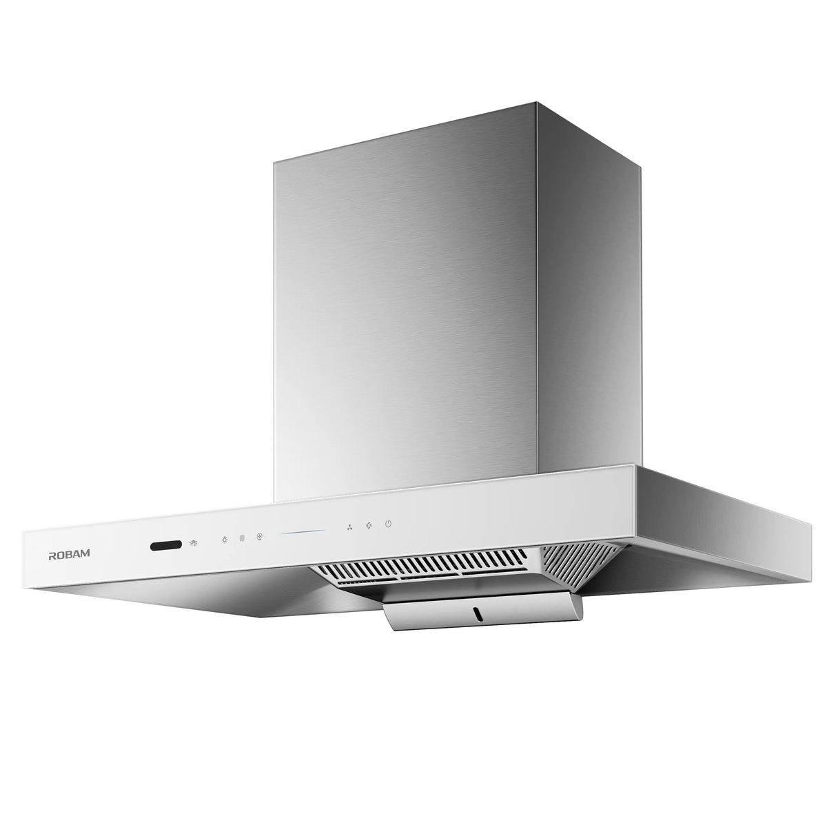 ROBAM CleanAir 3.0 87H5SW 90cm white glass rangehood, angled view showing filter grille and oil tray