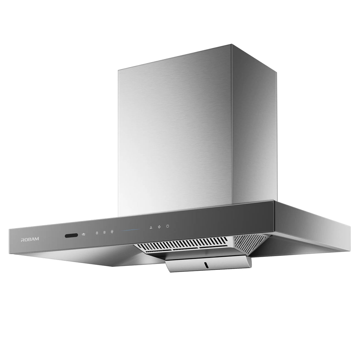 Angled underside of ROBAM CleanAir 3.0 87H5SY 90cm grey glass rangehood showing filter grille and oil tray