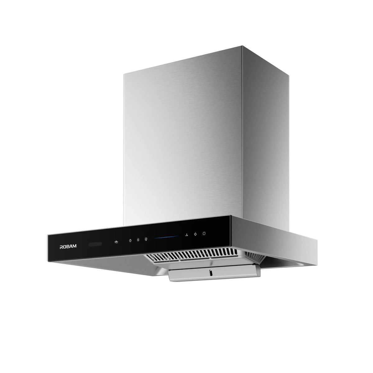Angled underside of ROBAM CleanAir 3.0 87H6S 60cm rangehood showing filter grille and oil tray