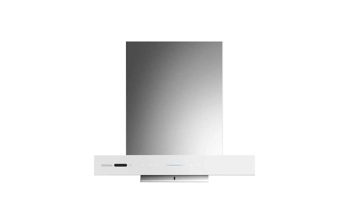 ROBAM CleanAir 3.0 87H6SW 60cm white glass T-shaped rangehood with stainless steel chimney, front view