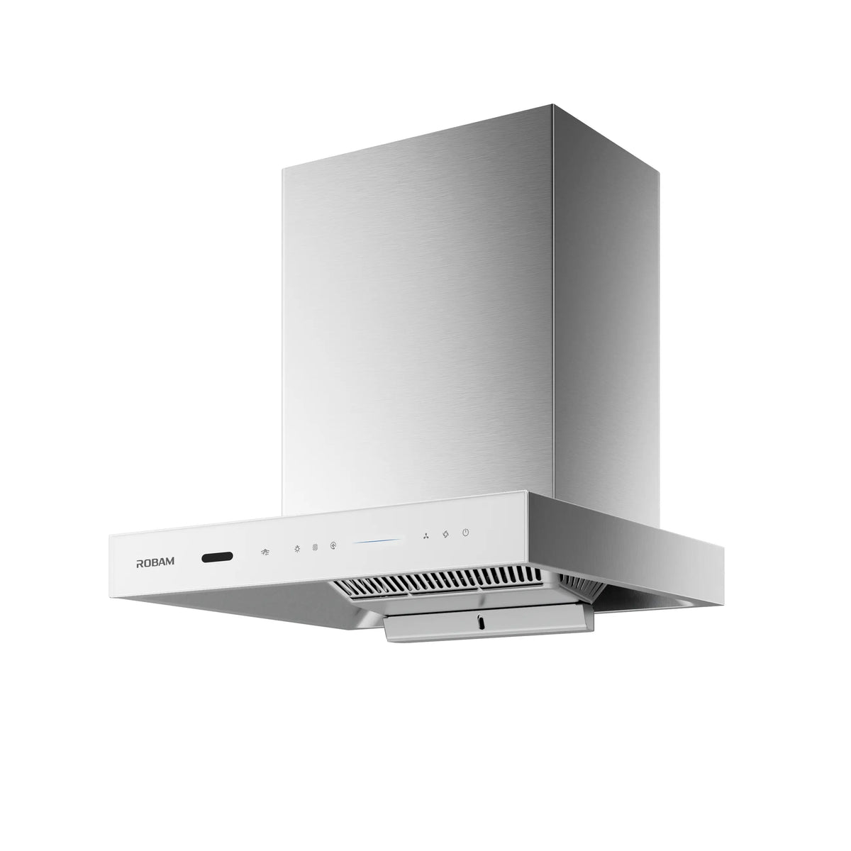 ROBAM CleanAir 3.0 87H6SW 60cm white glass rangehood, angled view showing filter grille and oil tray