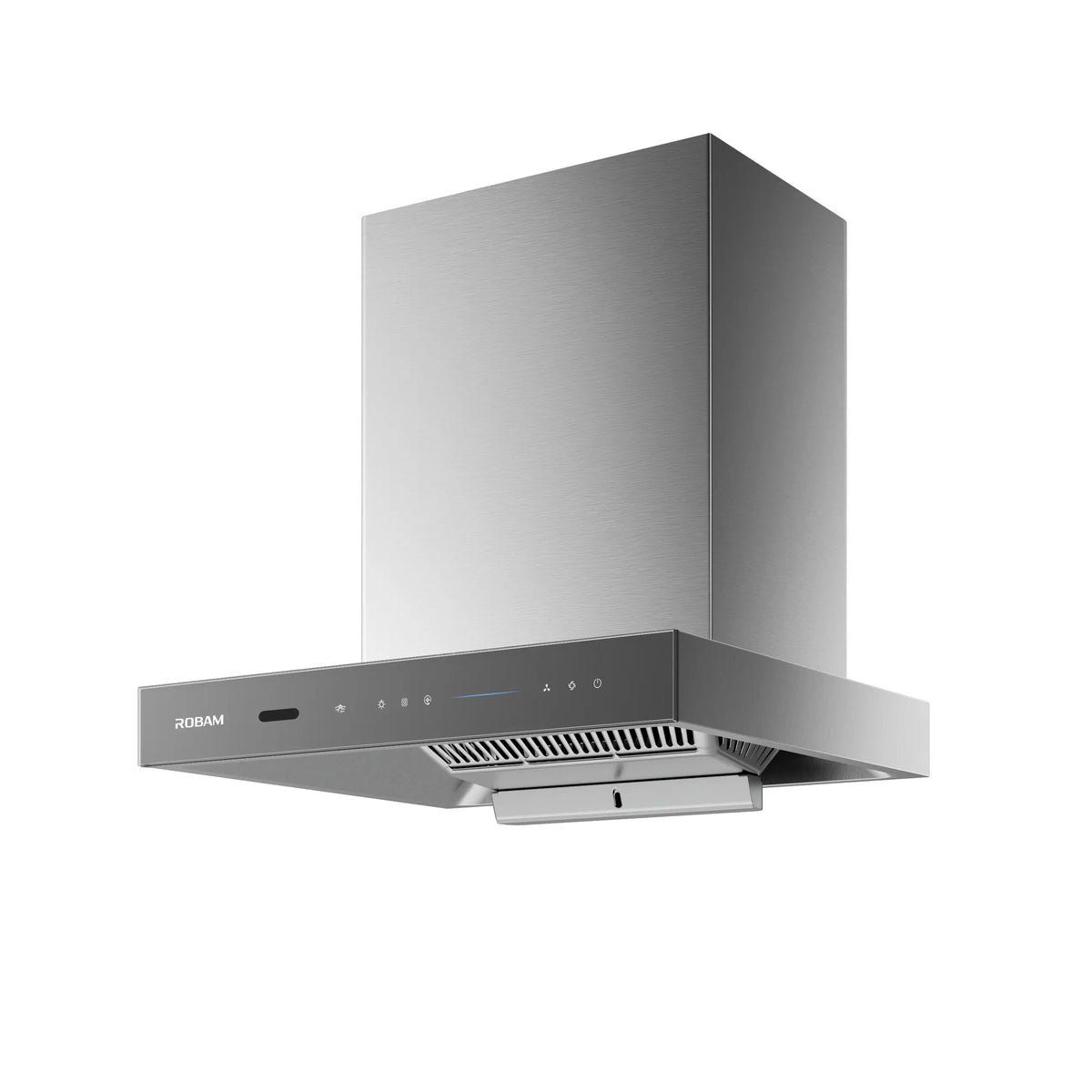 Angled underside of ROBAM CleanAir 3.0 87H6SY 60cm grey glass rangehood showing filter grille and oil tray