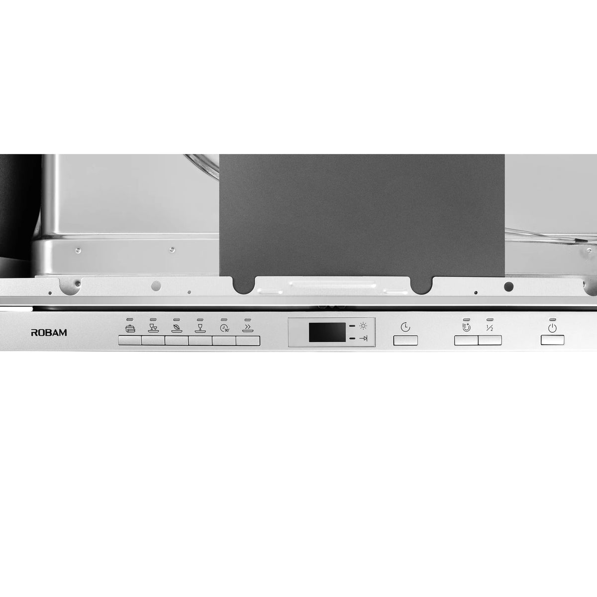 Close-up of the ROBAM Built-In dishwasher W650 control panel showing program buttons, display, delay timer and power button
