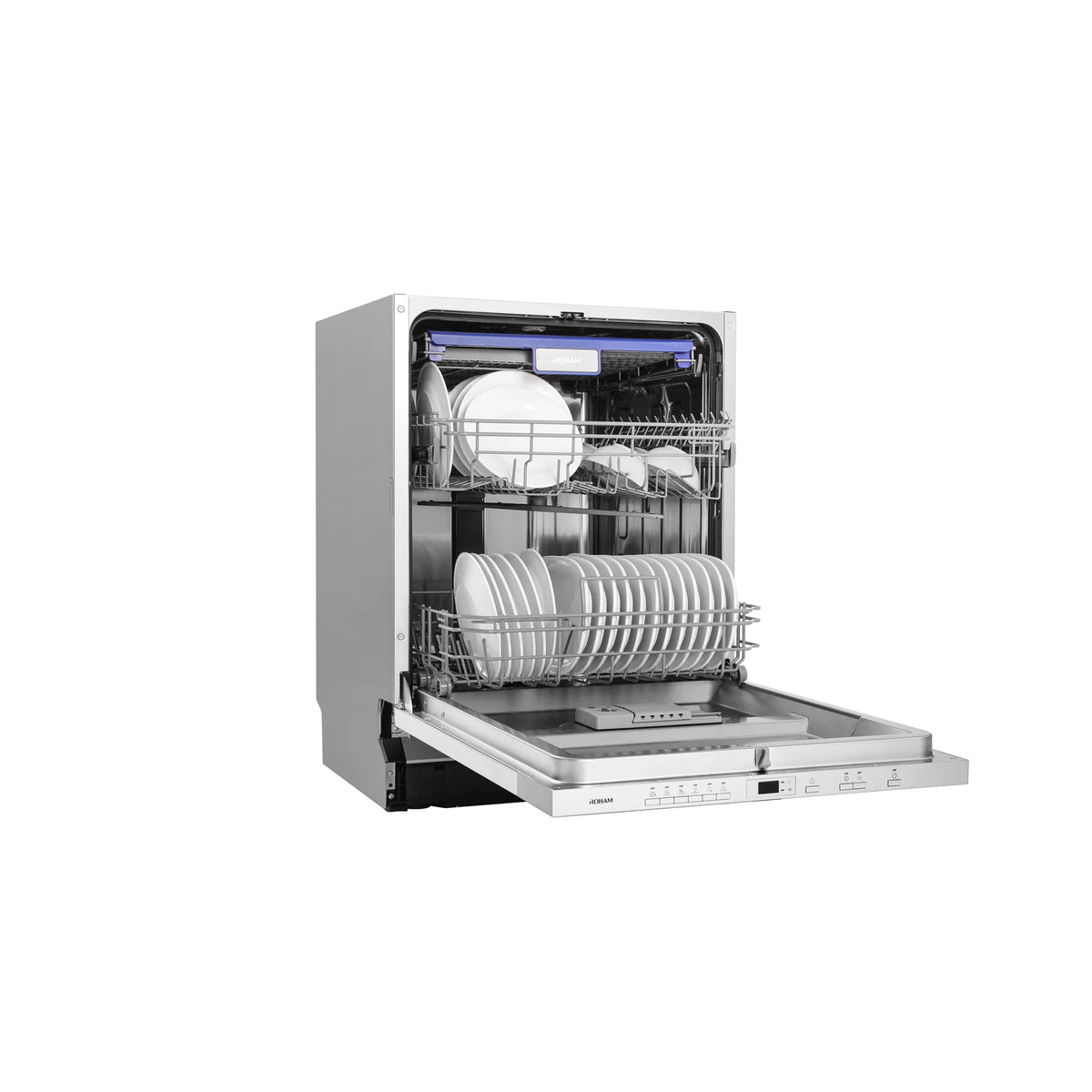 ROBAM Built-In dishwasher W650, angled view with door open showing loaded racks and control panel on the door top edge