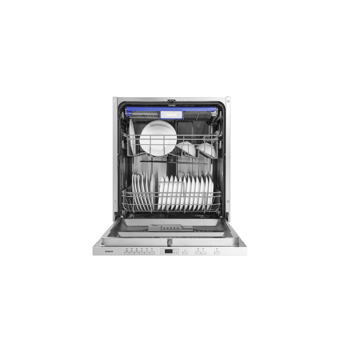 ROBAM Built-In dishwasher W650, front view with door open and upper and lower racks loaded with plates and bowls
