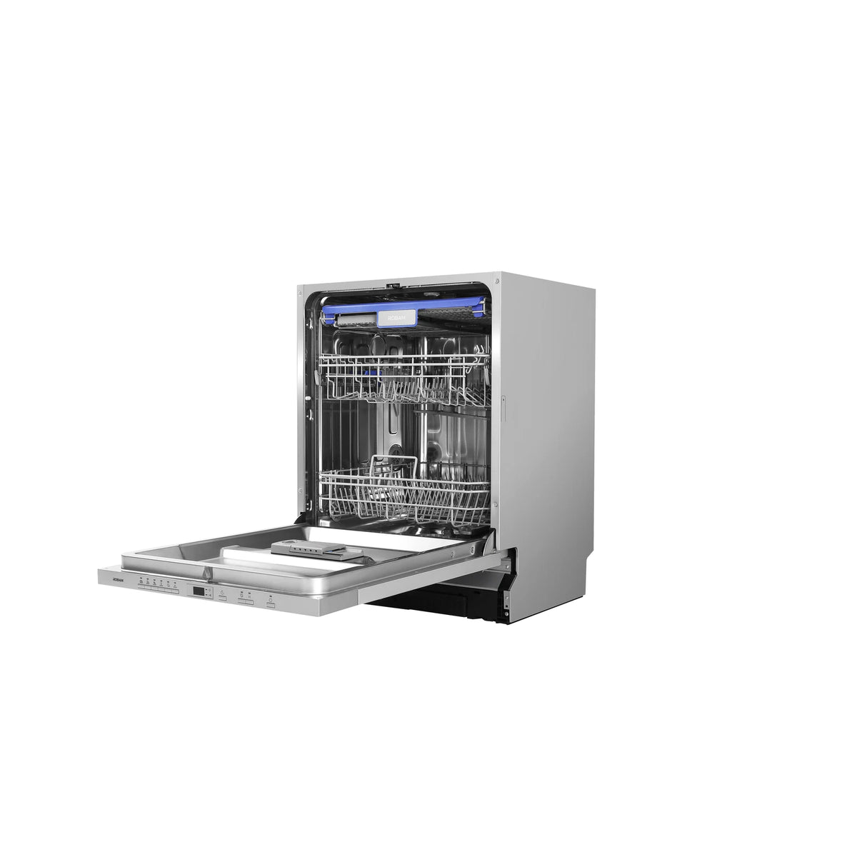 ROBAM Built-In dishwasher W650, angled view with door open showing empty upper and lower racks and stainless steel interior